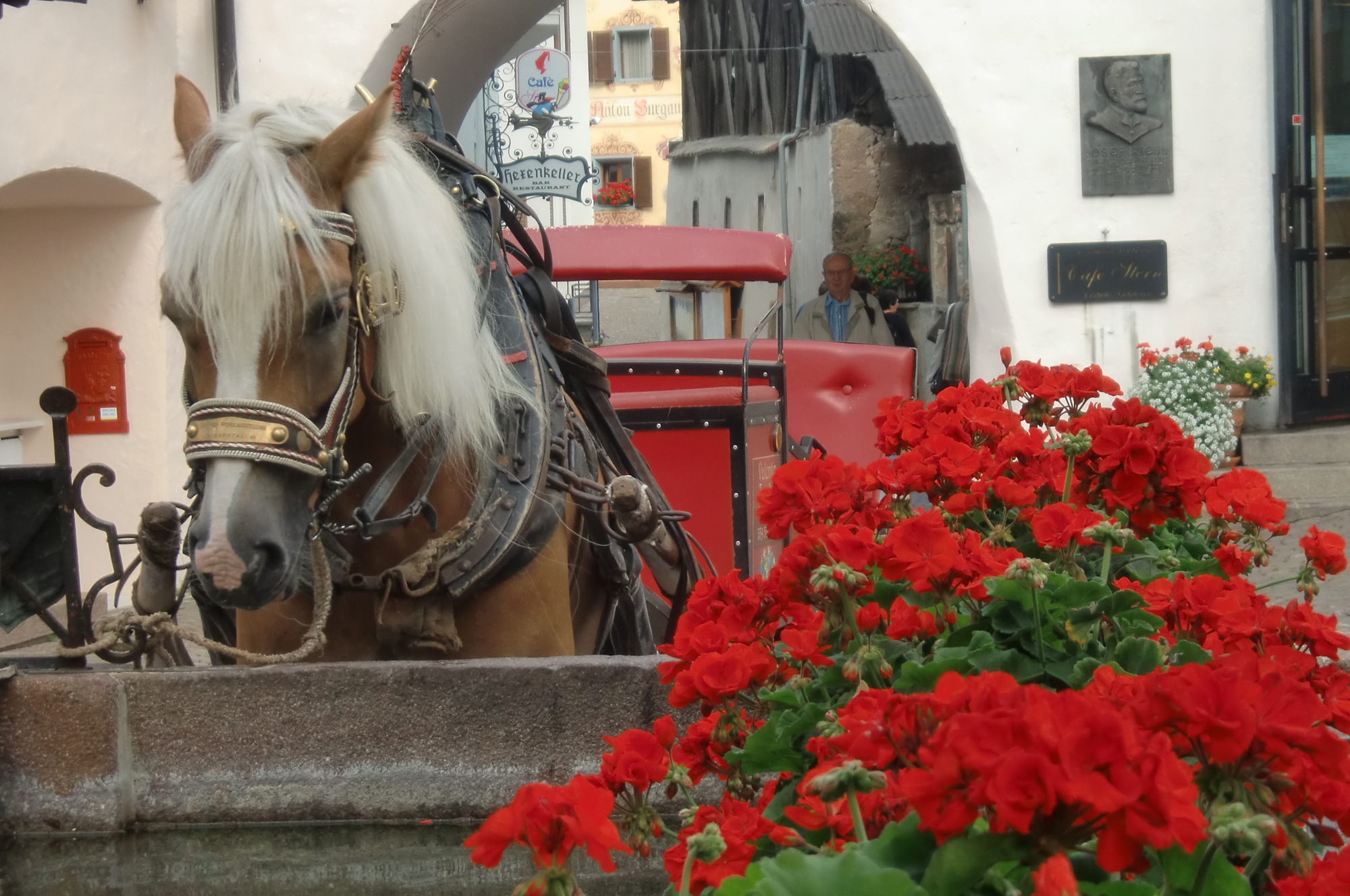 Sommer - Kastelruth Dorfzentrum mit Brunnen und Haflinger 02.JPG